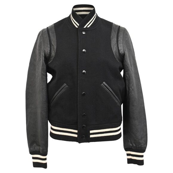 Saint Laurent Striped Bomber Jacket in Black Wool and Leather - Picture 1 of 5